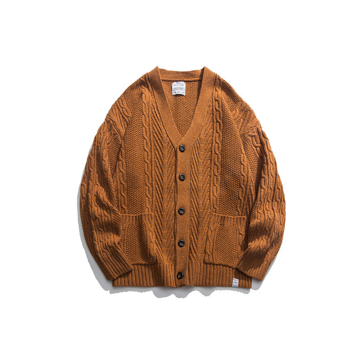 Unisex Oversized Knit Cardigan with Cable Pattern, V-Neck and Patch Pockets Amarae