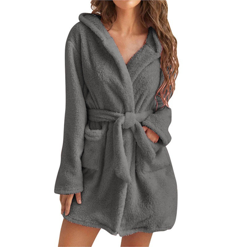 Ladies Cozy Fleece Robe with Hood and Waist Belt Lune London