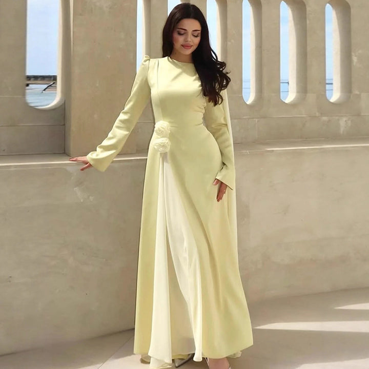 Women’s Evening Dress with Cape Sleeves, Tailored Silhouette and Decorative Flower Detail Amarae