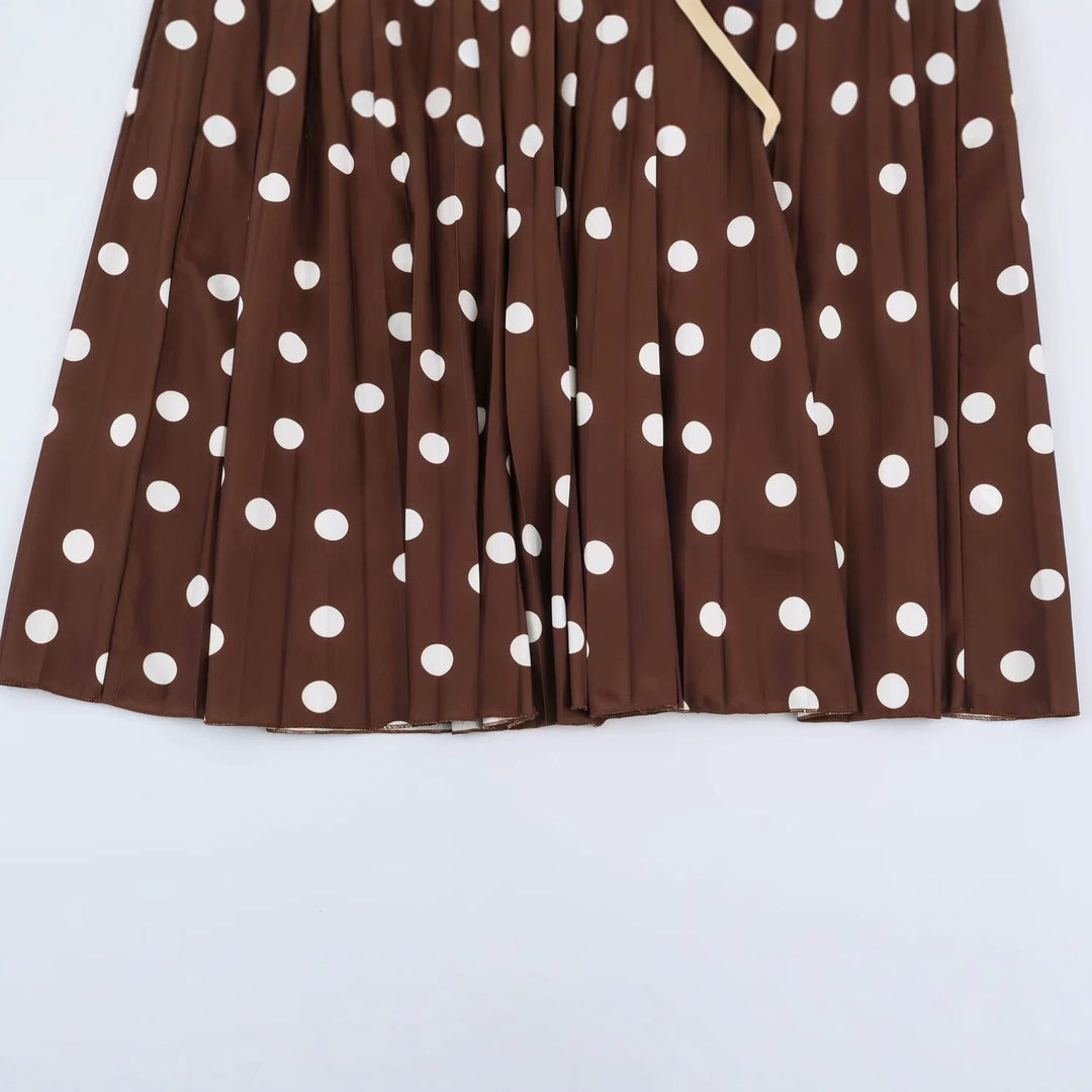 Women's Pleated Midi Dress in Shirt Blouse Style with Waist Seam and Ruffled Cuffs