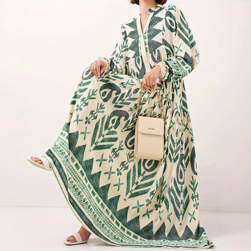 Maxi dress for women with artistic geometric pattern and button details Amarae