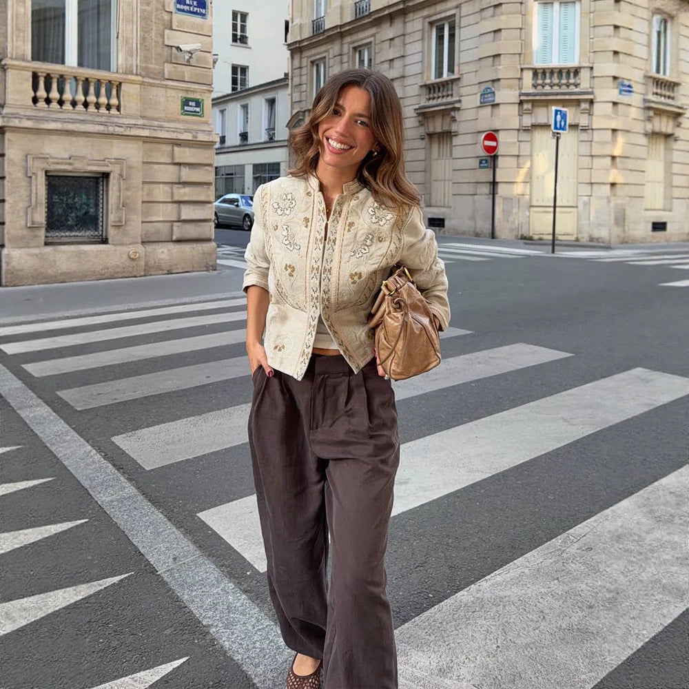 Women's short jacket made of linen blend with elaborate embroidery, stand collar, and tailored silhouette Amarae