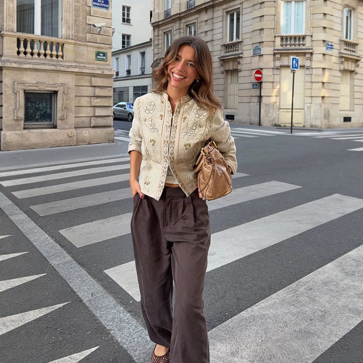 Women's short jacket made of linen blend with elaborate embroidery, stand collar, and tailored silhouette Amarae