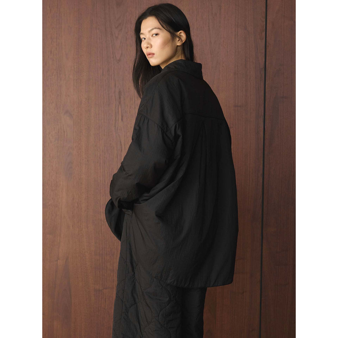 Women's loosely cut quilted oversized shirt jacket with kent collar and concealed button placket Amarae