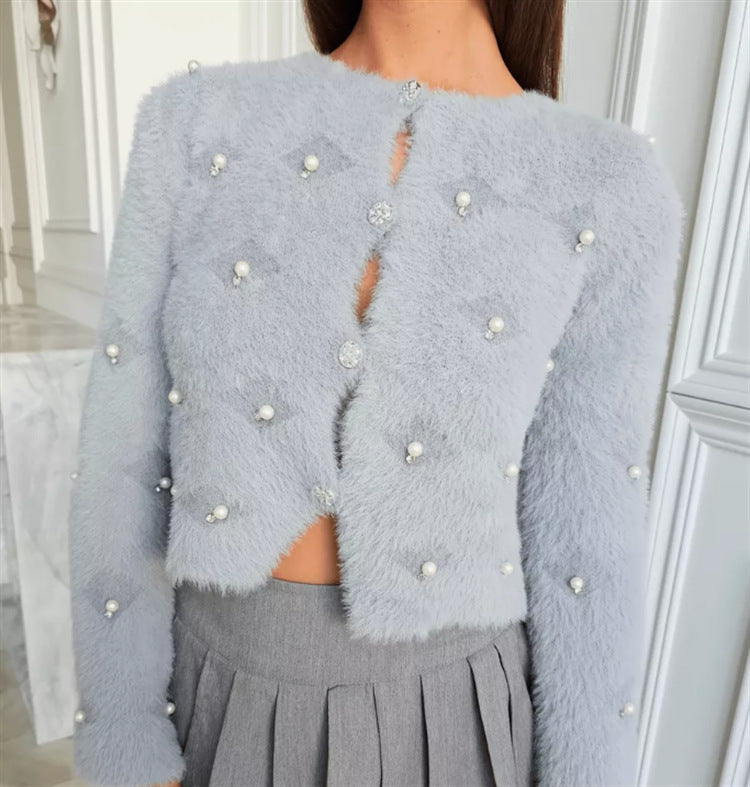 Ladies Plush Knit Sweater Jacket with Decorative Buttons and a Chic Elegant Cut