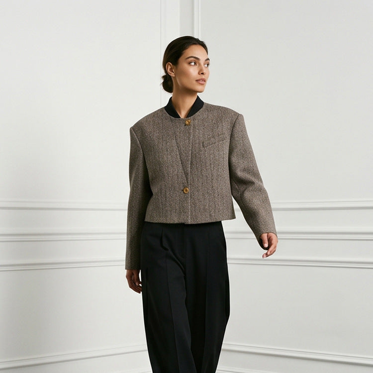 Ladies Short Cut Wool Blazer with Stand-up Collar and Herringbone Pattern Amarae
