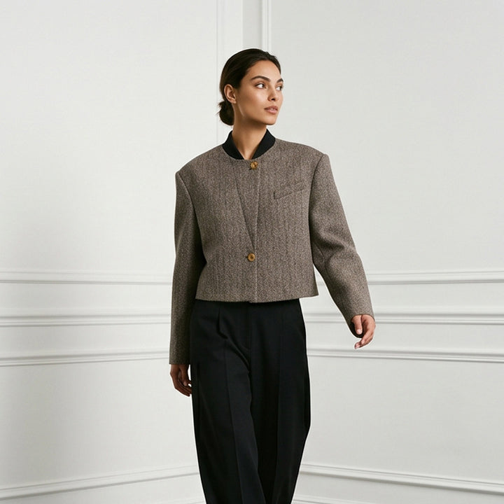 Ladies Short Cut Wool Blazer with Stand-up Collar and Herringbone Pattern Amarae