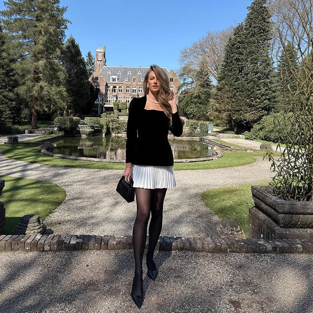 Women's velvet peplum dress with square neckline, sculpted shoulders and pleated mini skirt Amarae