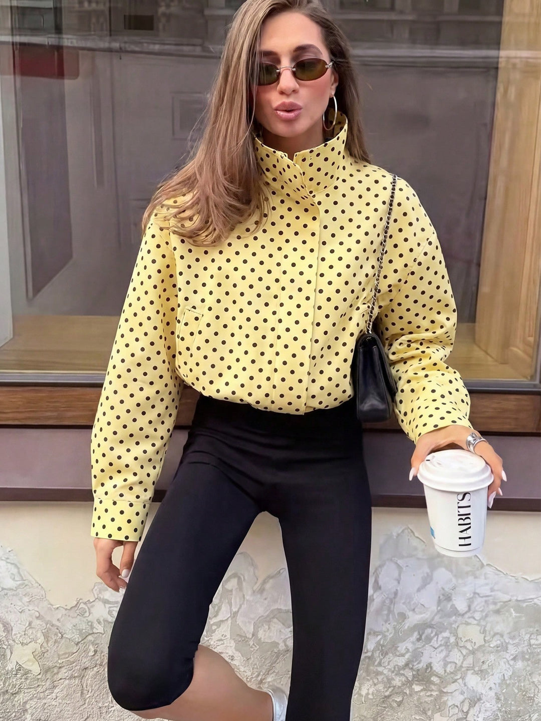 Women Polka Dot Blouse with Stand-up Collar and Balloon Sleeves Amarae