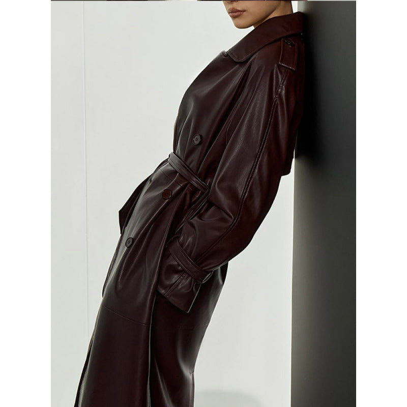 Lune London women's faux leather trench coat with belt and practical pockets