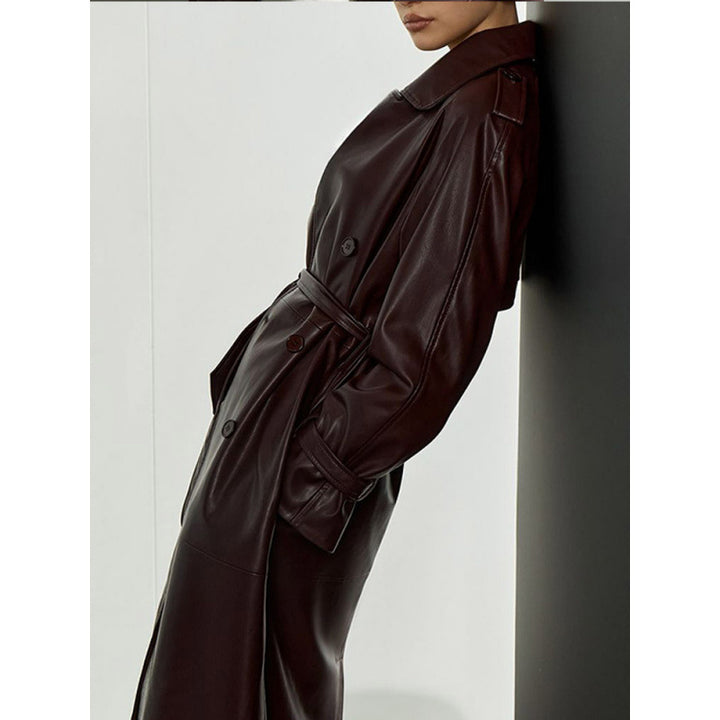 Lune London women's faux leather trench coat with belt and practical pockets