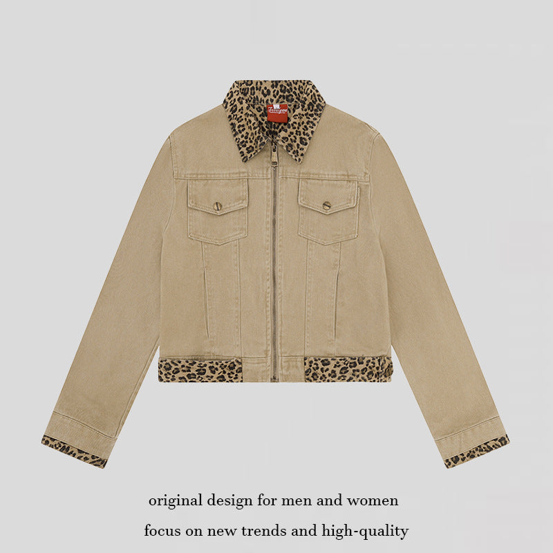 Women’s Short Cut Denim Trucker Jacket with Leopard Contrast Collar and Cuffed Sleeves Amarae