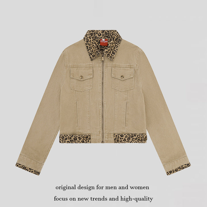 Women’s Short Cut Denim Trucker Jacket with Leopard Contrast Collar and Cuffed Sleeves Amarae