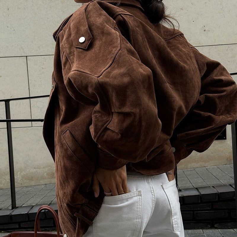 Faux leather jacket for women with a modern high collar and practical zip pockets Lune London