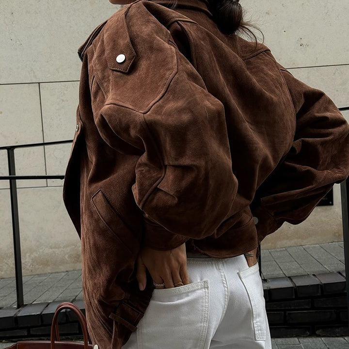 Faux leather jacket for women with a modern high collar and practical zip pockets Lune London
