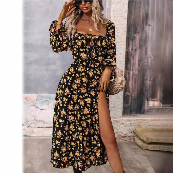 Maxi dress for women with deep slit and floral design Lune London