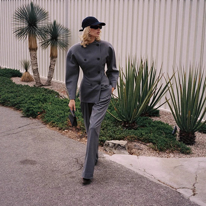 Women's Tailored Double-Breasted Blazer with Asymmetric Closure and Pleated Pants Amarae