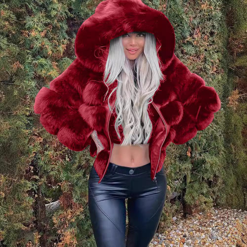 Ladies Cozy Faux Fur Jacket with Plush Hooded Collar Amarae