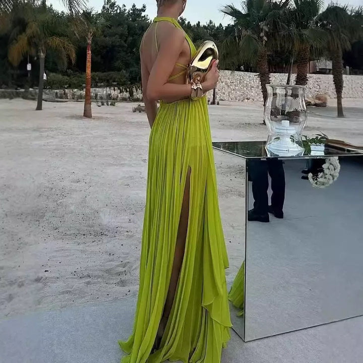 Women's Floor-Length Pleated Maxi Dress with Deep Back Cut and Elegant Straps