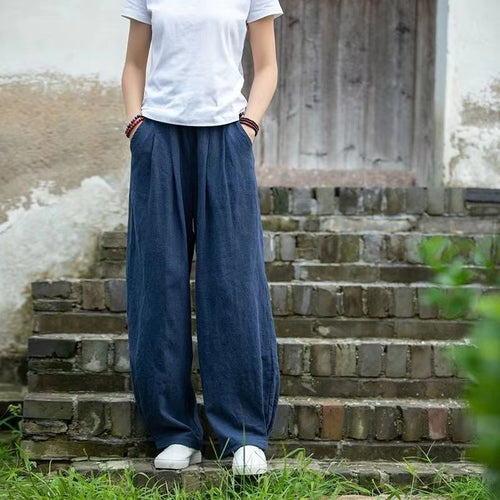 Wide linen pants for ladies with elastic waistband and side pockets Amarae