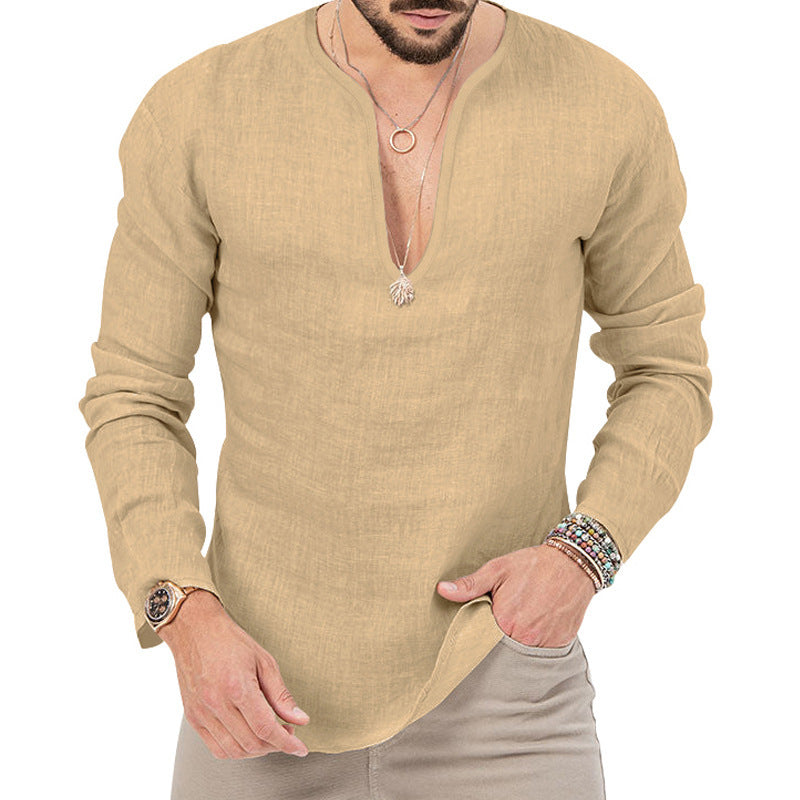 Men's casual linen shirt with deep V-neck and comfortable fit Lune London