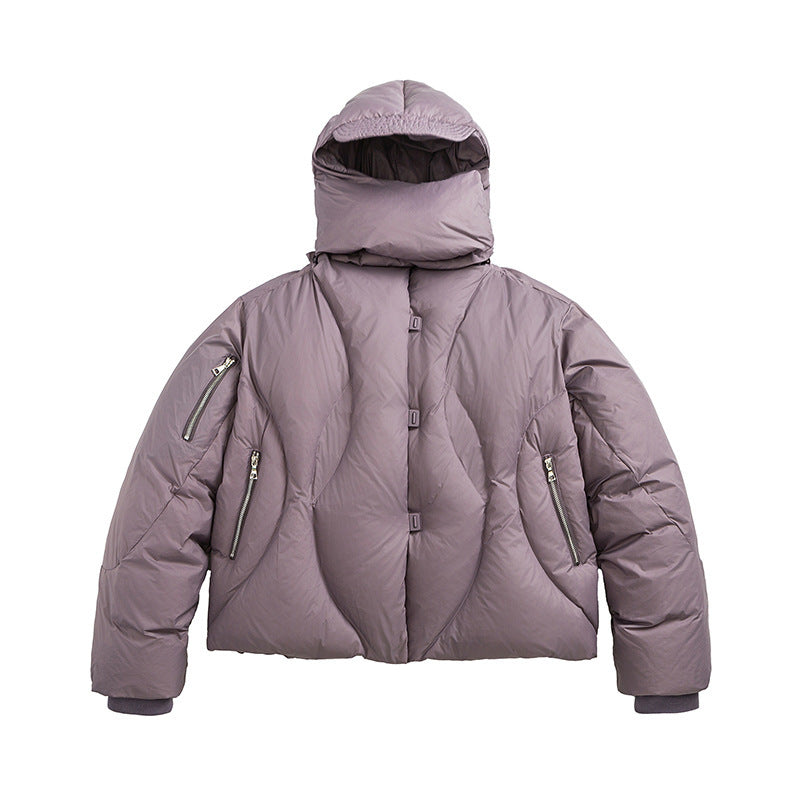 Unisex Short padded puffer jacket with high closing collar, voluminous hood and zippered pockets Amarae