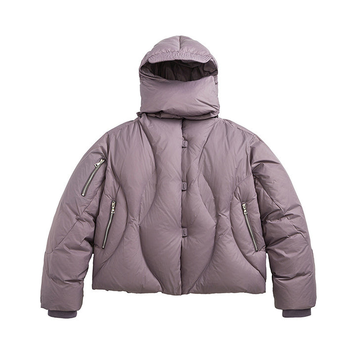 Unisex Short padded puffer jacket with high closing collar, voluminous hood and zippered pockets Amarae