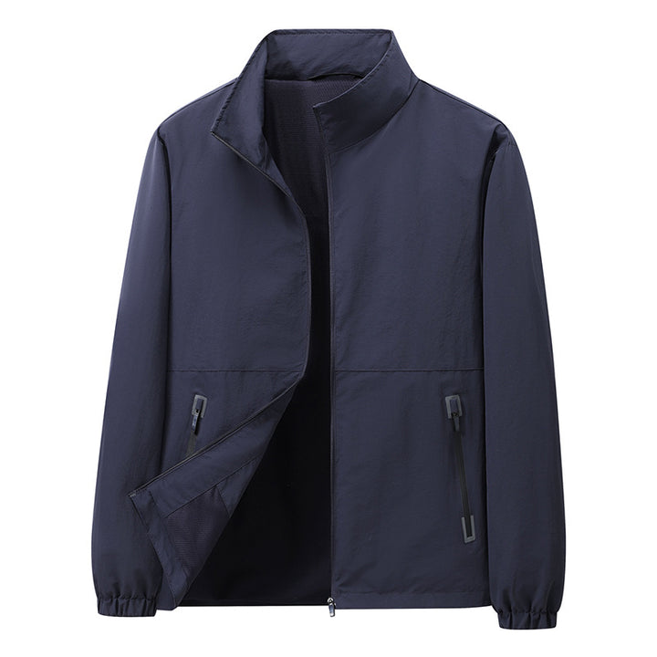 Men's Lightweight Windbreaker Outdoor Jacket with Stand Collar, Two-way Zipper and Concealed Pockets Amarae