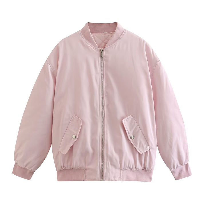 Women Boxy Bomber Jacket in Oversized Look with Zipper and Slanted Flap Pockets Amarae