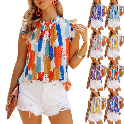 Women sleeveless top with ruched collar and colorful abstract pattern Amarae