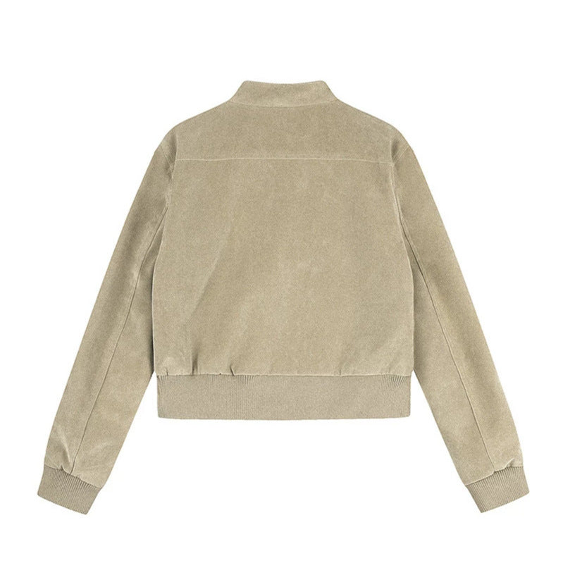 Women's Short Cut Velvet Velour Bomber Jacket with Stand-up Collar and Multifunctional Pockets Amarae