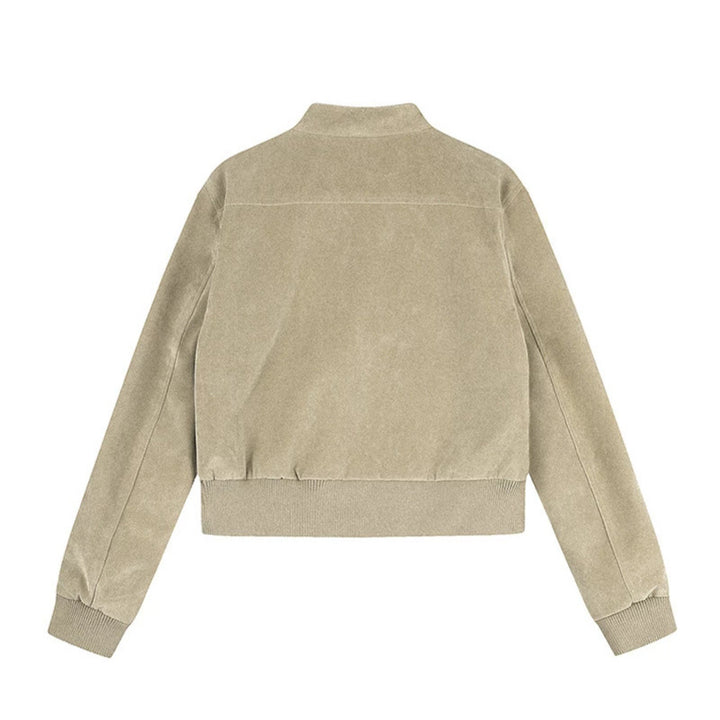 Women's Short Cut Velvet Velour Bomber Jacket with Stand-up Collar and Multifunctional Pockets Amarae