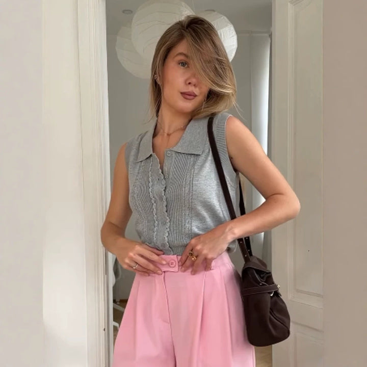 Women's Sleeveless Knit Top with Shirt Collar, Decorative Button Placket and Fine Texturing Amarae