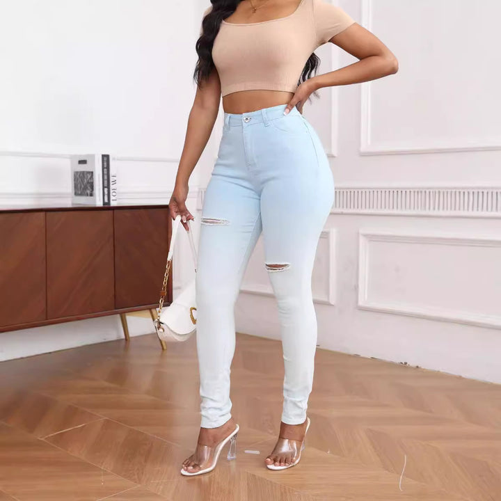 Jeans skinny pour femmes taille haute avec des détails de déchirure à la mode Lune London