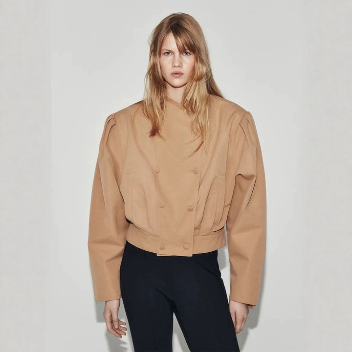 Women's short jacket in a boxy cropped cut with double button placket and structured shoulder pleats Amarae