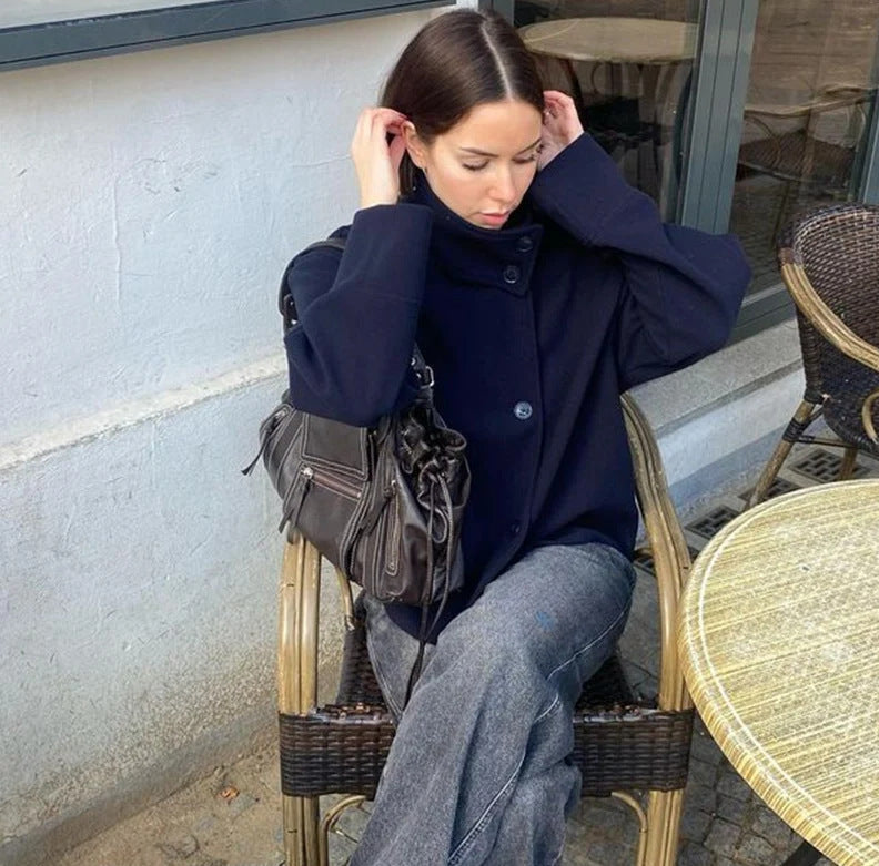 Modern and practical short jacket for women with high collar Lune London