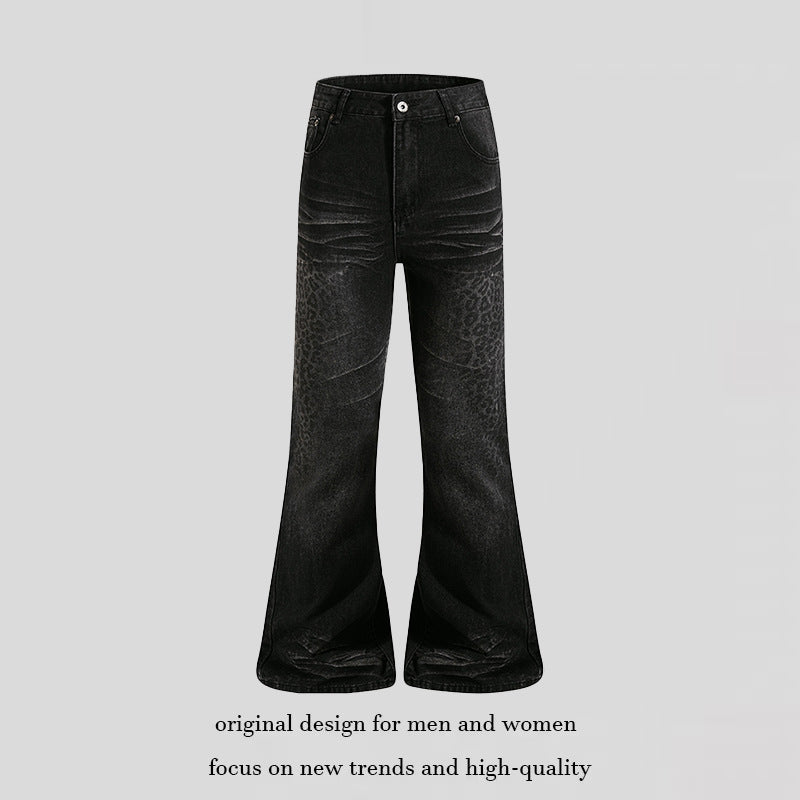 Women's High-Cut Flared Jeans with Subtle Leo Print and Used Wash Amarae
