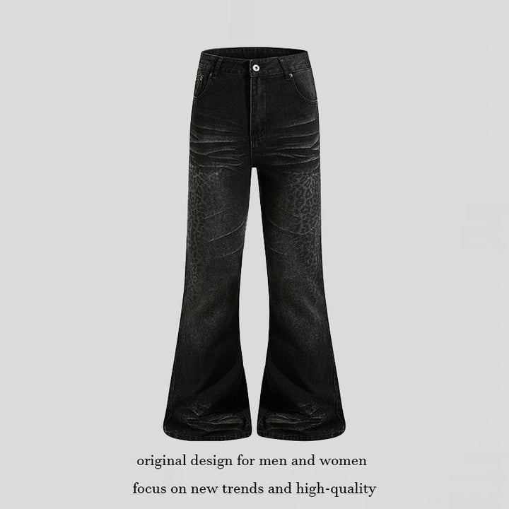 Women's High-Cut Flared Jeans with Subtle Leo Print and Used Wash Amarae