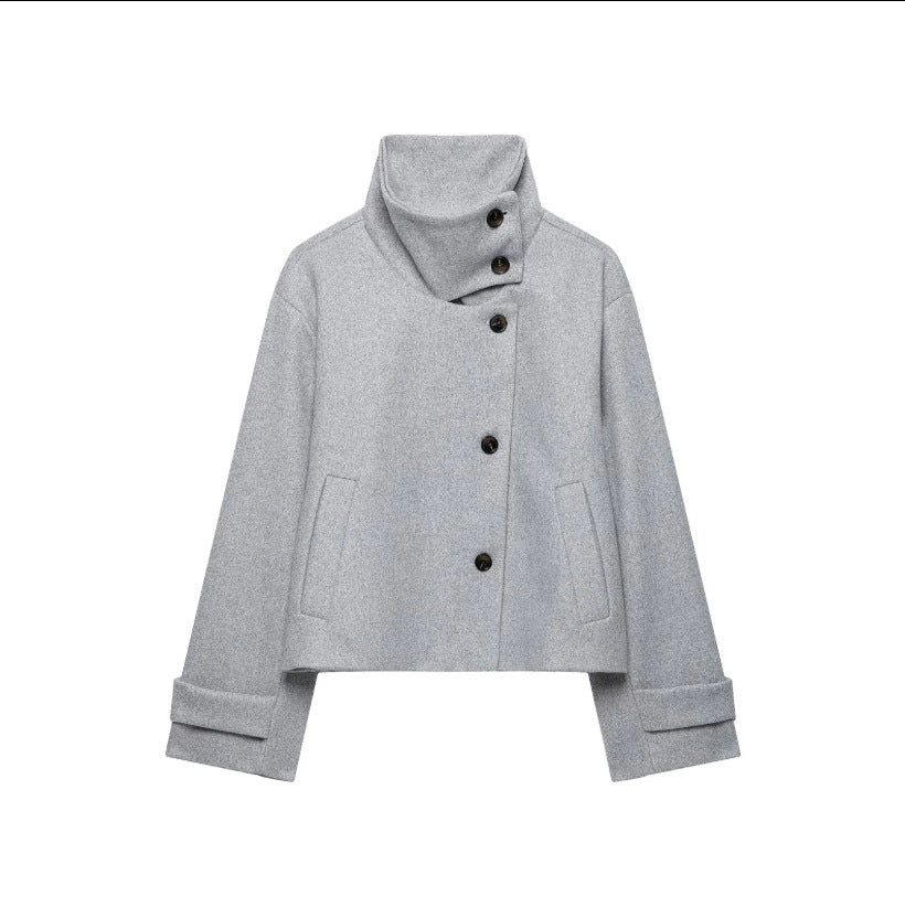 Women's Cropped Wool Blend Short Jacket with High Stand Collar, Asymmetric Button Placket and Cuffed Sleeves Amarae