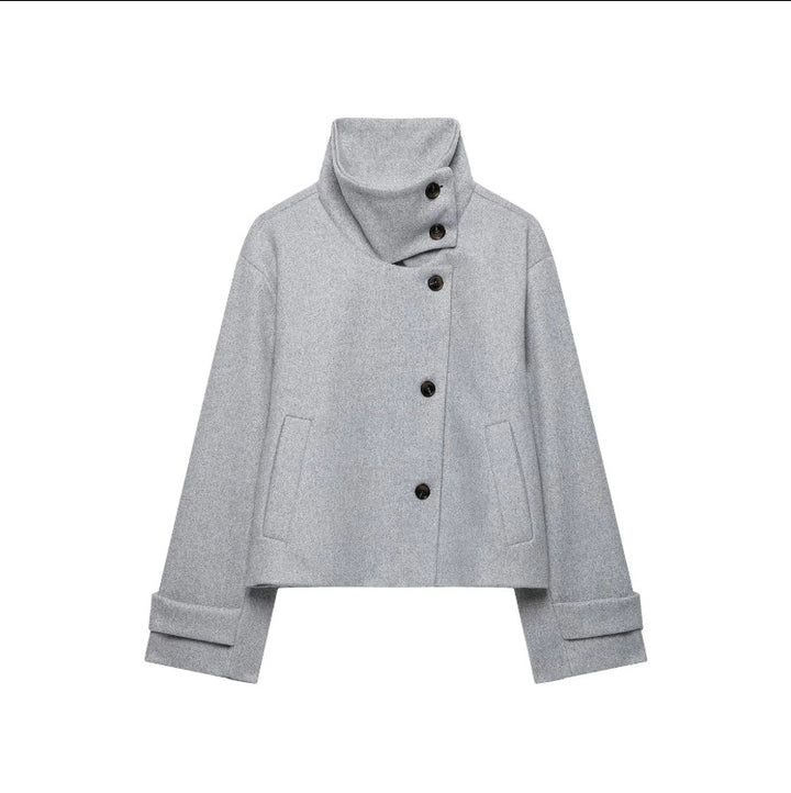 Women's Cropped Wool Blend Short Jacket with High Stand Collar, Asymmetric Button Placket and Cuffed Sleeves Amarae