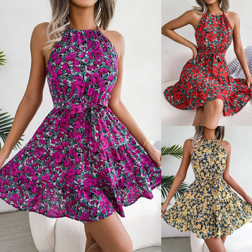 Short dress for women, floral print with high neckline and fitted silhouette Amarae