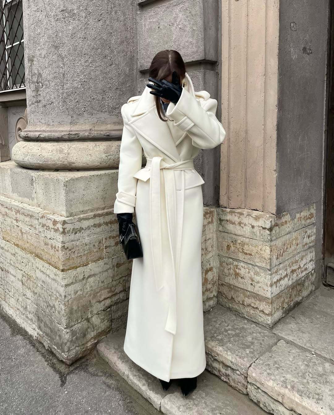 Women's Maxi Tailored Wool Blend Coat with Wrap Belt and Generous Lapel Collar Amarae