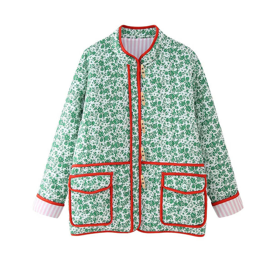 Women's quilted short jacket with stand-up collar, decorative button strip and applied flap pockets Amarae