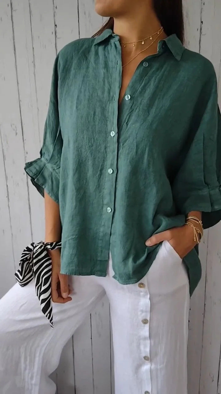 Women Casual Linen Blouse with Loose Fit and Button Placket Lune London