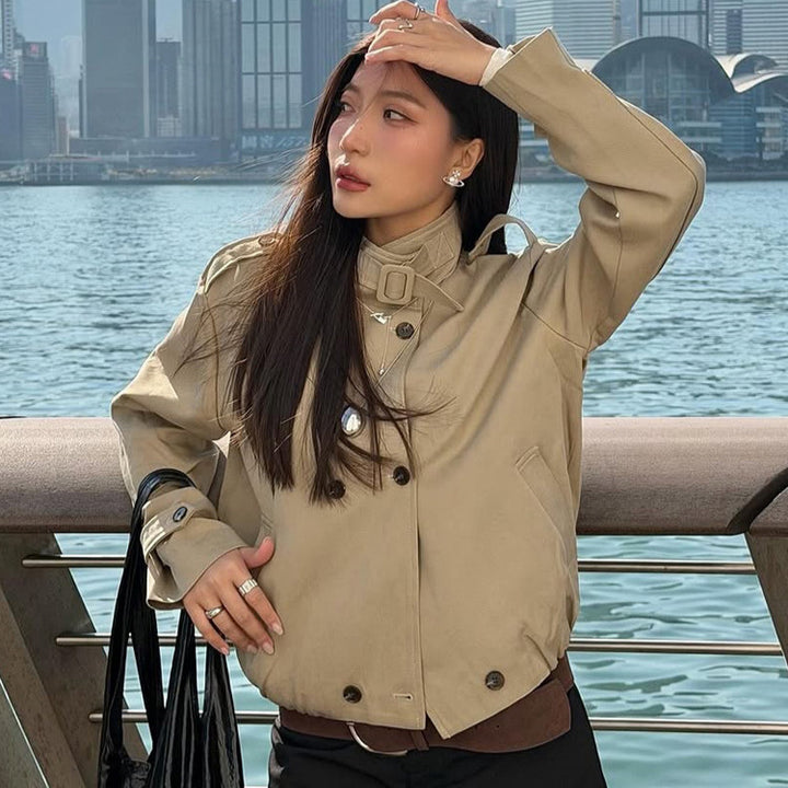 Women’s short jacket in Harrington style with stand-up collar, chin strap, and elastic waistband Amarae