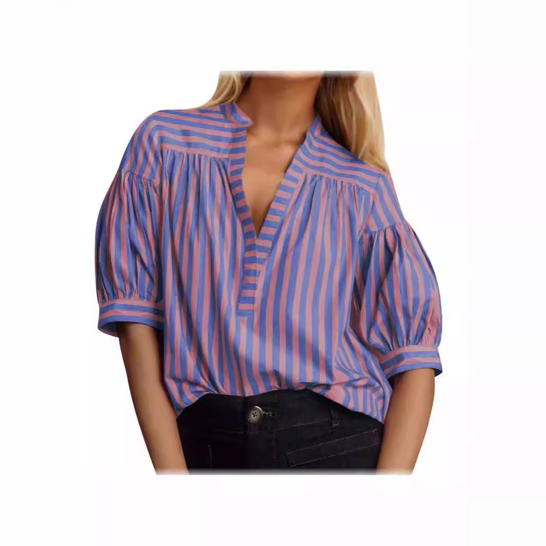 Puff sleeve blouse for ladies with V-neck and striped pattern Lune London