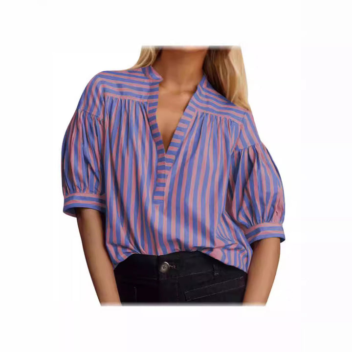 Puff sleeve blouse for ladies with V-neck and striped pattern Lune London