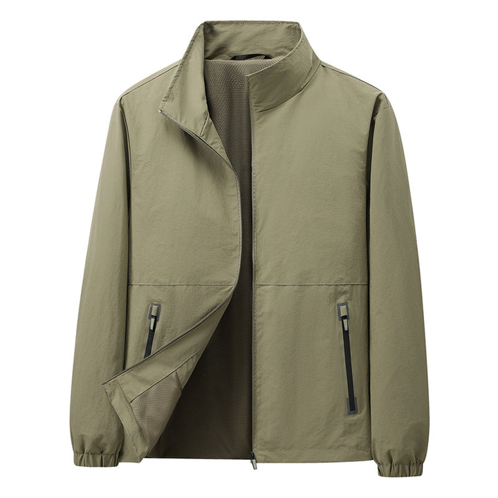 Men's Lightweight Windbreaker Outdoor Jacket with Stand Collar, Two-way Zipper and Concealed Pockets Amarae