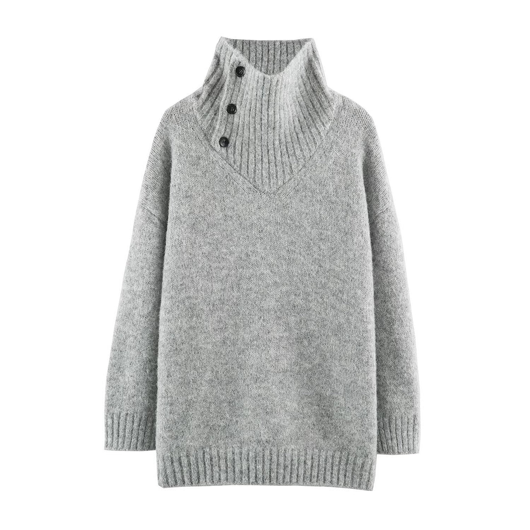 Women's Oversized Knit Sweater with High Ribbed Collar, Button Detail and V-Neck Amarae