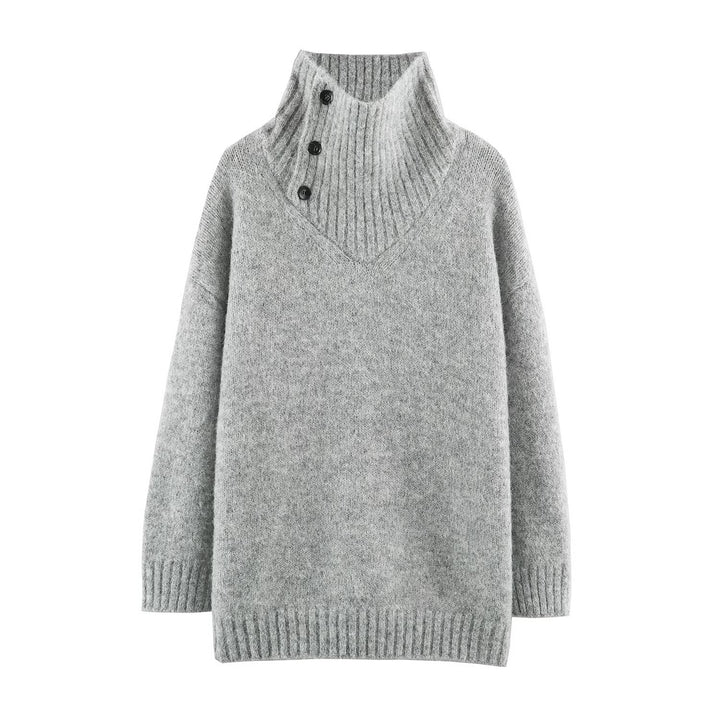 Women's Oversized Knit Sweater with High Ribbed Collar, Button Detail and V-Neck Amarae